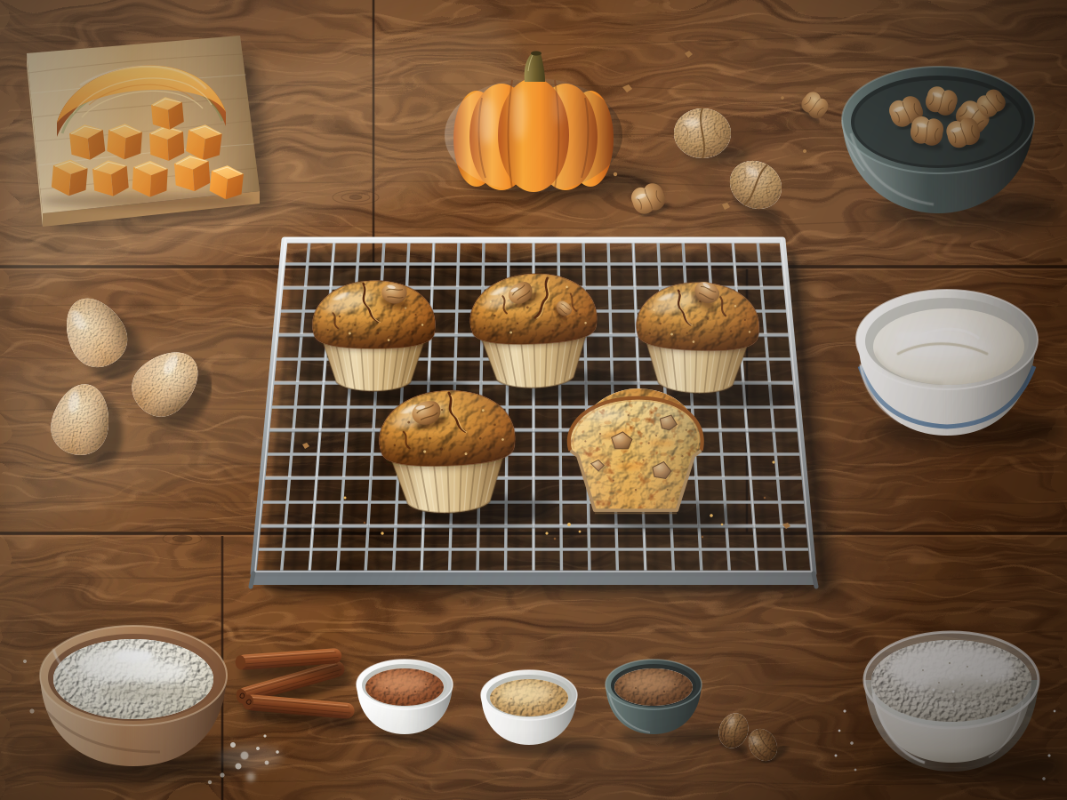 Illustrazione realistica del piatto: Muffin alla zucca con il Bimby, soffici e speziati, con gli ingredienti principali