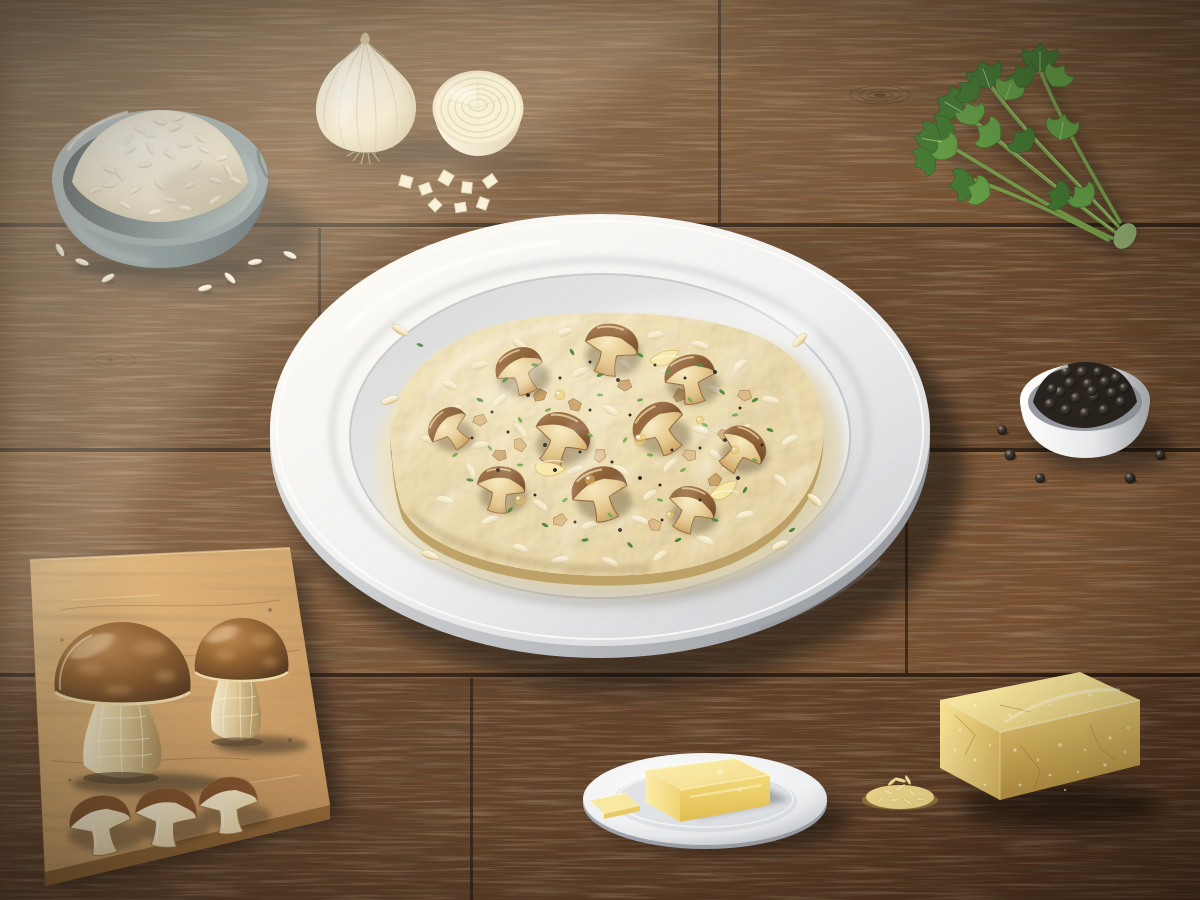 Illustrazione realistica del piatto: Risotto ai funghi porcini con il Bimby, cremoso e profumato, con gli ingredienti principali
